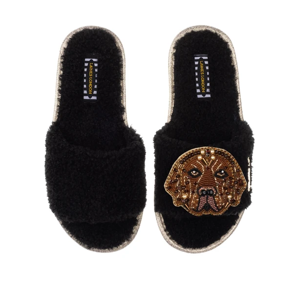 laines london Teddy Towelling Slipper Sliders With Rocco The Chocolate Lab Brooch