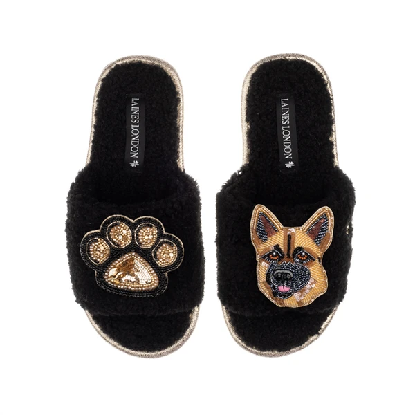 Laines London Teddy Towelling Slipper Sliders With Roxy The German Shepherd & Paw Brooches