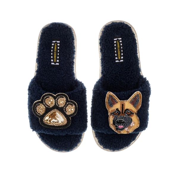 Laines London Teddy Towelling Slipper Sliders With Roxy The German Shepherd & Paw Brooches