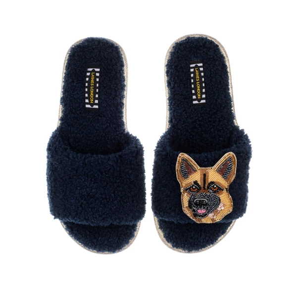 Laines London Teddy Towelling Slipper Sliders With Roxy The German Shepherd Brooch