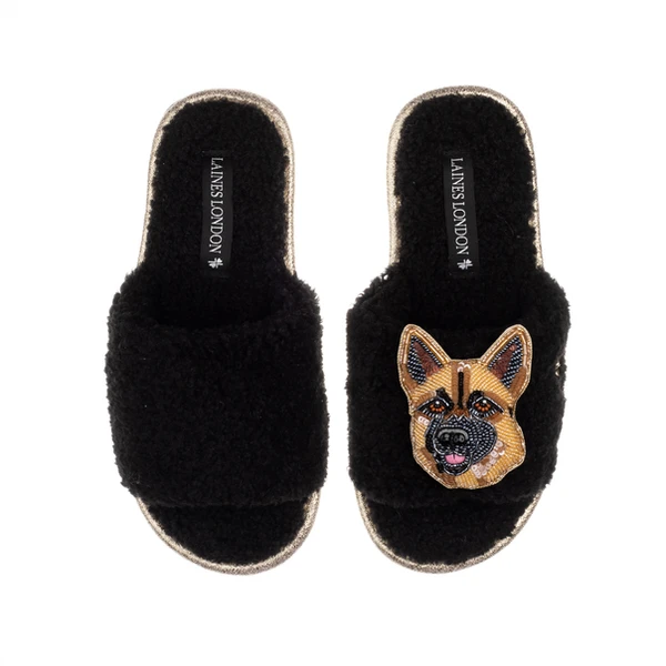 laines london Teddy Towelling Slipper Sliders With Roxy The German Shepherd Brooch