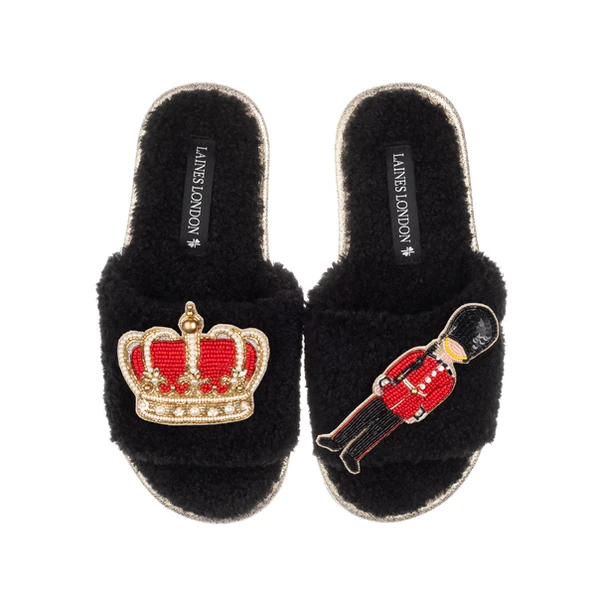 Laines London Teddy Towelling Slipper Sliders With Royal Crown & Grenadier Guard Brooches