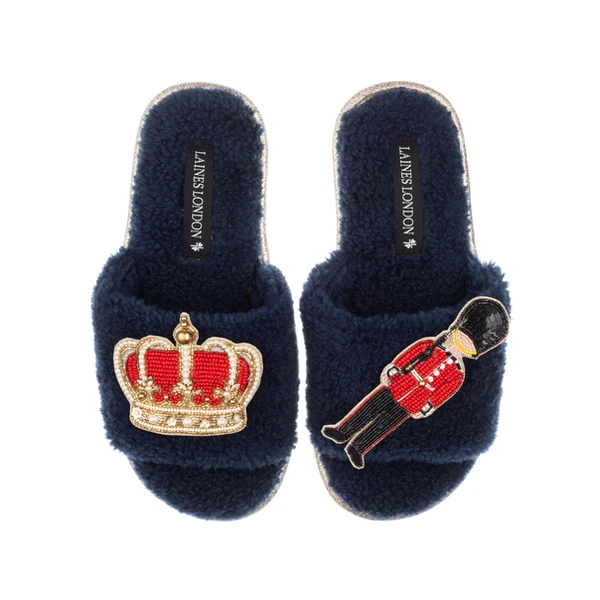 Laines London Teddy Towelling Slipper Sliders With Royal Crown & Grenadier Guard Brooches