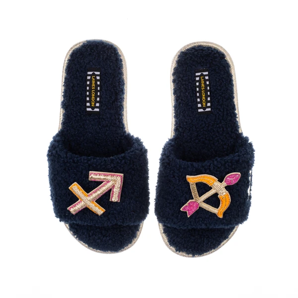 Laines London Teddy Towelling Slipper Sliders With Sagittarius Zodiac Brooches