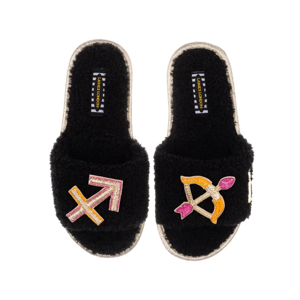 Laines London Teddy Towelling Slipper Sliders With Sagittarius Zodiac Brooches