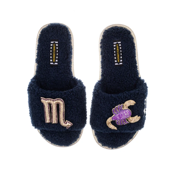 Laines London Teddy Towelling Slipper Sliders With Scorpio Zodiac Brooches