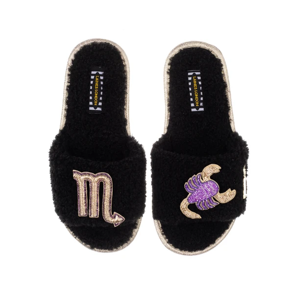 laines london Teddy Towelling Slipper Sliders With Scorpio Zodiac Brooches