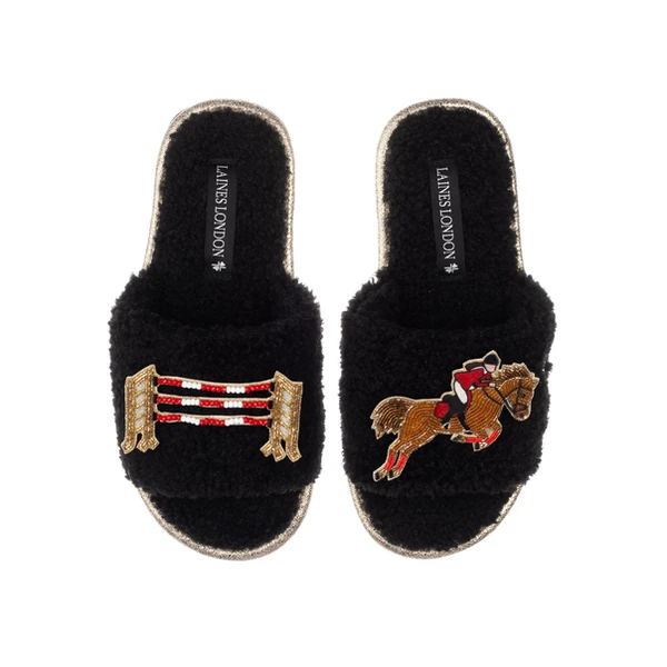 Laines London Teddy Towelling Slipper Sliders With Show Jump Horse Brooches
