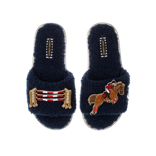 laines london Teddy Towelling Slipper Sliders With Show Jump Horse Brooches