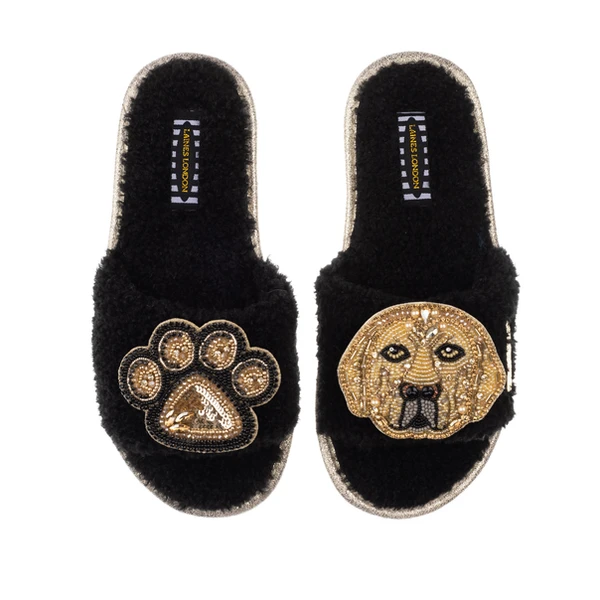 Laines London Teddy Towelling Slipper Sliders With Skip The Golden Lab & Paw Brooches