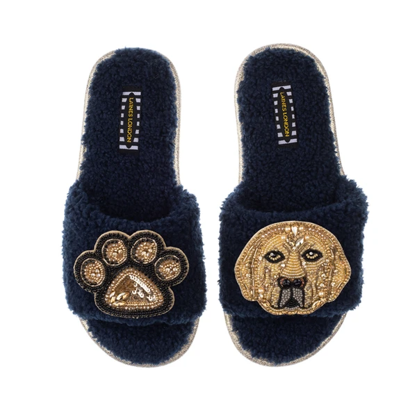 Laines London Teddy Towelling Slipper Sliders With Skip The Golden Lab & Paw Brooches