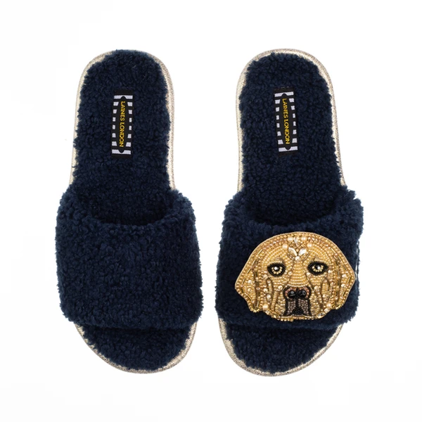 Laines London Teddy Towelling Slipper Sliders With Skip The Golden Lab Brooch