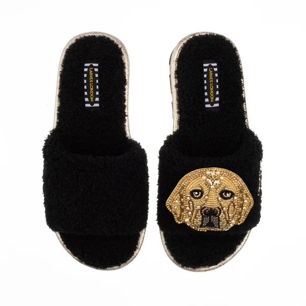 laines london Teddy Towelling Slipper Sliders With Skip The Golden Lab Brooch
