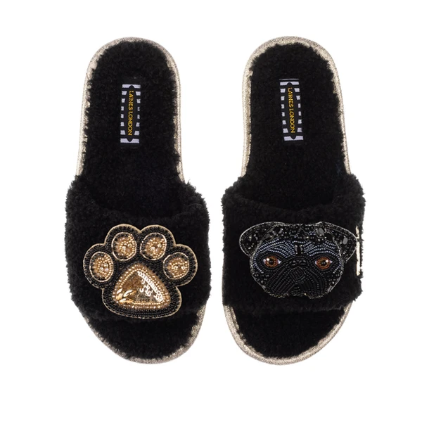 Laines London Teddy Towelling Slipper Sliders With Snoopy & Paw Brooches