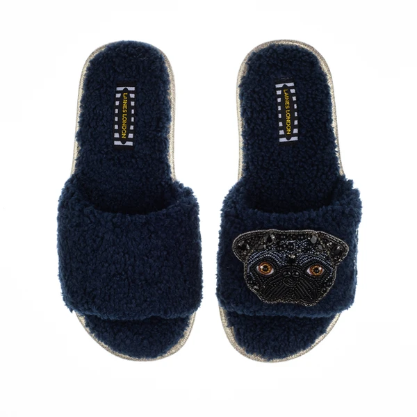 Laines London Teddy Towelling Slipper Sliders With Snoopy The Black Pug Brooch