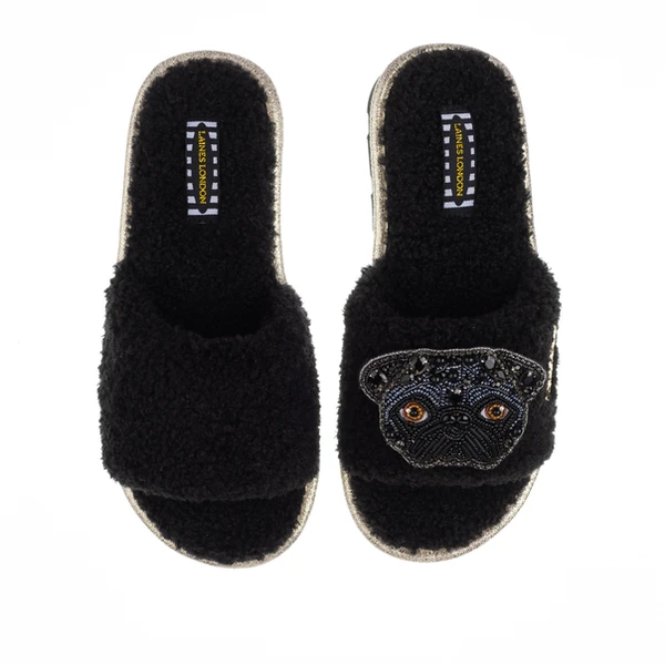 Laines London Teddy Towelling Slipper Sliders With Snoopy The Black Pug Brooch