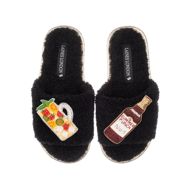 Laines London Teddy Towelling Slipper Sliders With Summer Punch Brooches