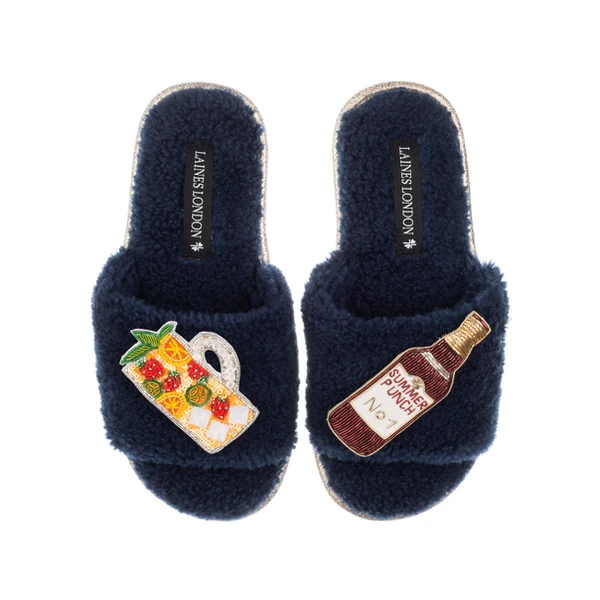 Laines London Teddy Towelling Slipper Sliders With Summer Punch Brooches