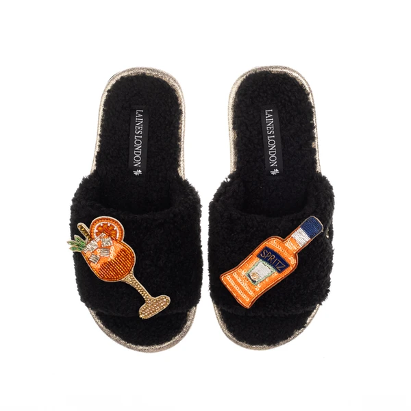 Laines London Teddy Towelling Slipper Sliders With Summer Spritz Brooches