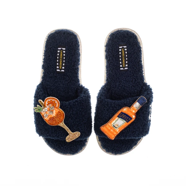 Laines London Teddy Towelling Slipper Sliders With Summer Spritz Brooches