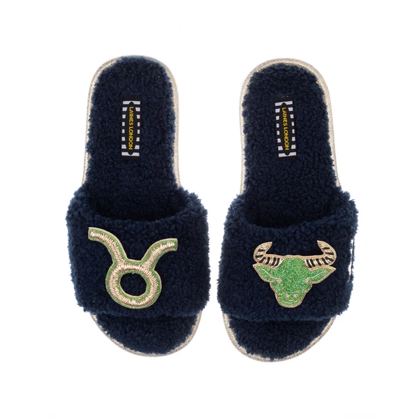 Laines London Teddy Towelling Slipper Sliders With Taurus Zodiac Brooches