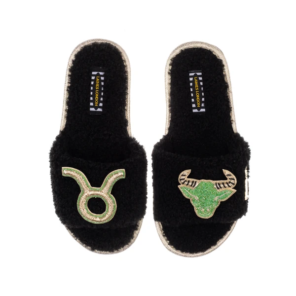 Laines London Teddy Towelling Slipper Sliders With Taurus Zodiac Brooches