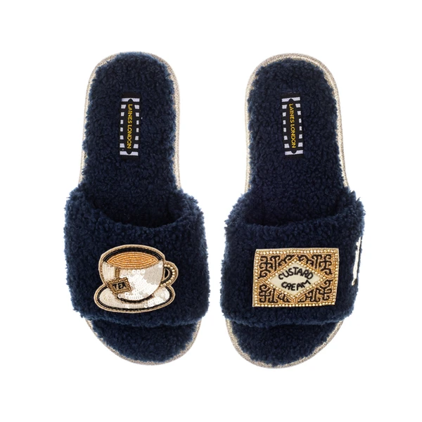 Laines London Teddy Towelling Slipper Sliders With Tea & Biscuit Brooches