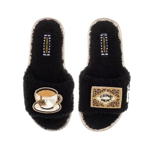 laines london Teddy Towelling Slipper Sliders With Tea & Biscuit Brooches