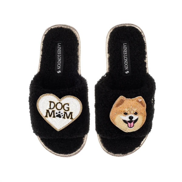 Laines London Teddy Towelling Slipper Sliders With Teddy The Pomeranian & Dog Mum/Mom Brooches