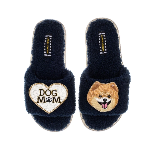 Laines London Teddy Towelling Slipper Sliders With Teddy The Pomeranian & Dog Mum/Mom Brooches