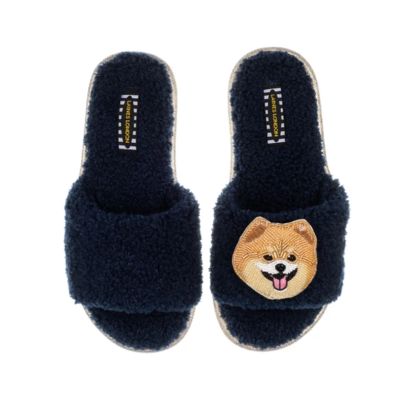Laines London Teddy Towelling Slipper Sliders With Teddy The Pomeranian Brooch