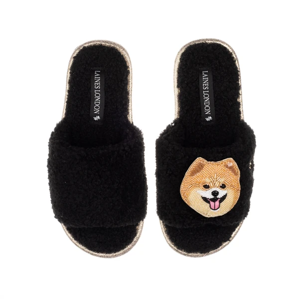 Laines London Teddy Towelling Slipper Sliders With Teddy The Pomeranian Brooch