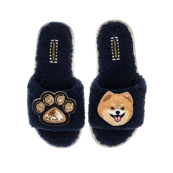 Laines London Teddy Towelling Slipper Sliders With Teddy The Pomeranian & Paw Brooches