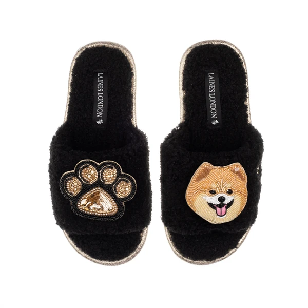 Laines London Teddy Towelling Slipper Sliders With Teddy The Pomeranian & Paw Brooches