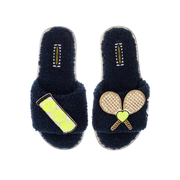 Laines London Teddy Towelling Slipper Sliders With Tennis Lover Brooches