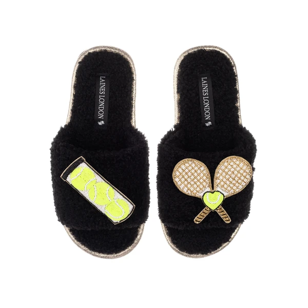 laines london Teddy Towelling Slipper Sliders With Tennis Lover Brooches