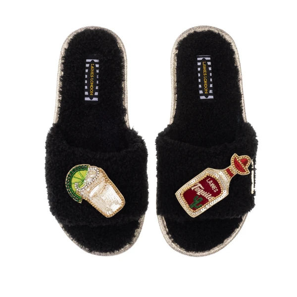 Laines London Teddy Towelling Slipper Sliders With Tequila Slammer Brooches