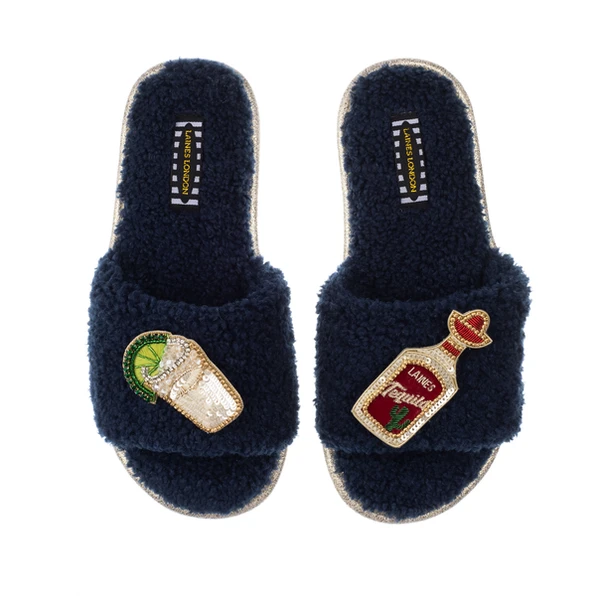 Laines London Teddy Towelling Slipper Sliders With Tequila Slammer Brooches