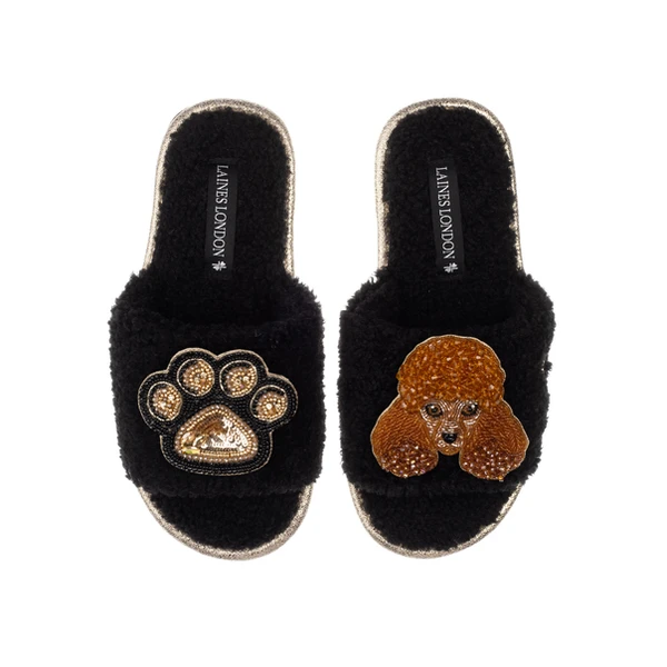 Laines London Teddy Towelling Slipper Sliders With Tutu The Poodle & Paw Brooches