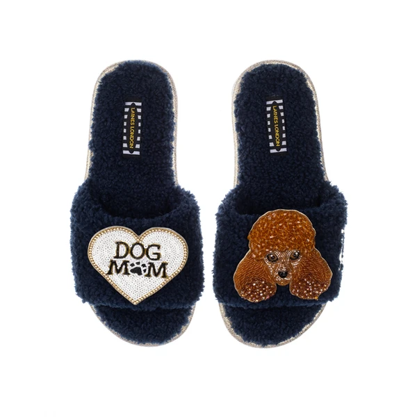 Laines London Teddy Towelling Slipper Sliders With Tutu The Poodle & Dog Mum / Mom Brooches