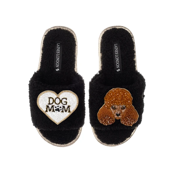 Laines London Teddy Towelling Slipper Sliders With Tutu The Poodle & Dog Mum / Mom Brooches