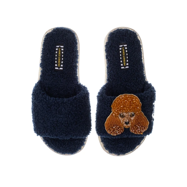 Laines London Teddy Towelling Slipper Sliders With Tutu The Poodle Brooch