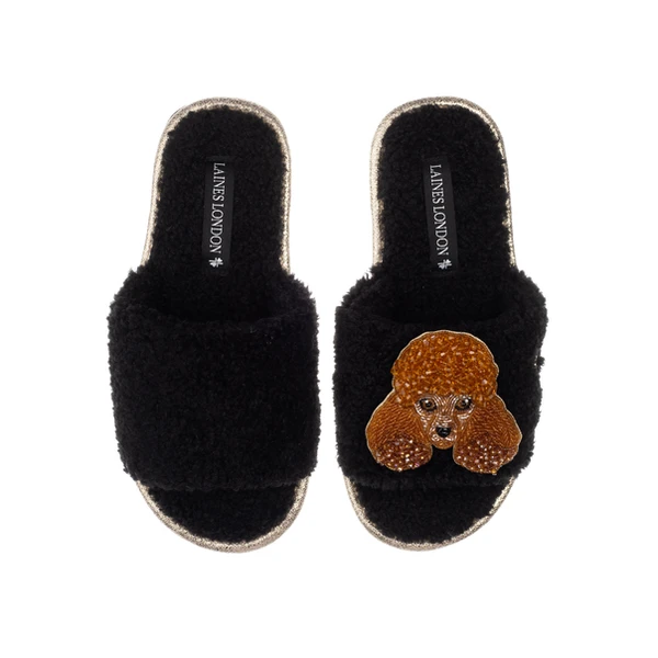 Laines London Teddy Towelling Slipper Sliders With Tutu The Poodle Brooch