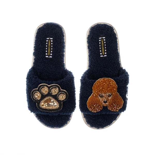 laines london Teddy Towelling Slipper Sliders With Tutu The Poodle & Paw Brooches