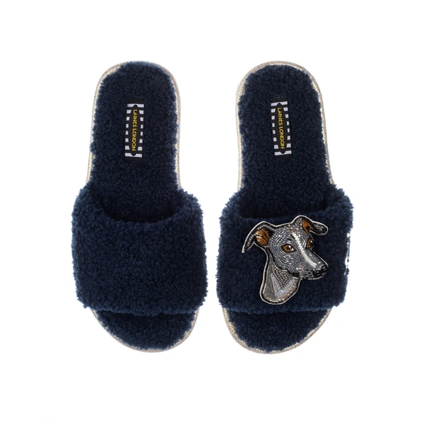 laines london Teddy Towelling Slipper Sliders With Vinny The Italian Greyhound Brooch