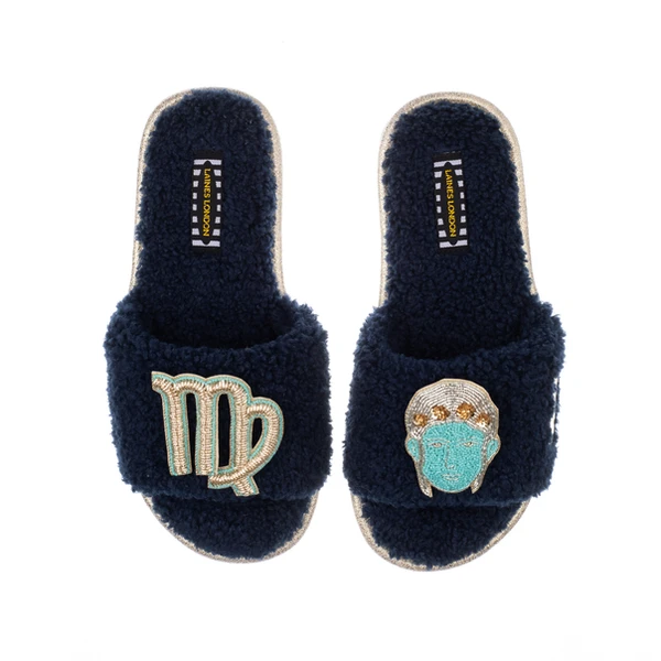 Laines London Teddy Towelling Slipper Sliders With Virgo Zodiac Brooches