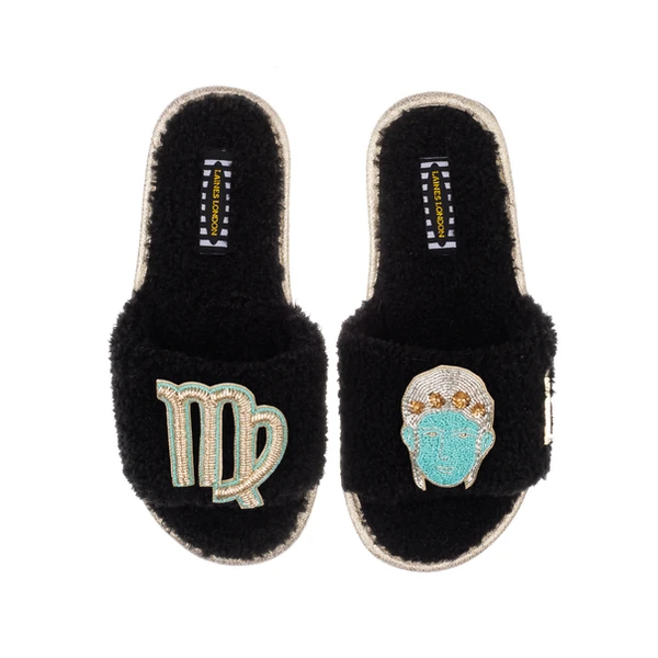 Laines London Teddy Towelling Slipper Sliders With Virgo Zodiac Brooches