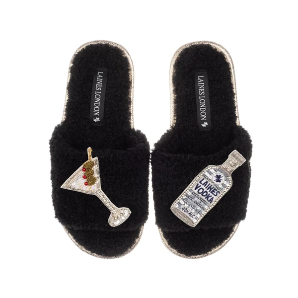 Laines London Teddy Towelling Slipper Sliders With Vodka Martini Brooches