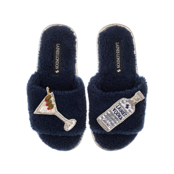 laines london Teddy Towelling Slipper Sliders With Vodka Martini Brooches