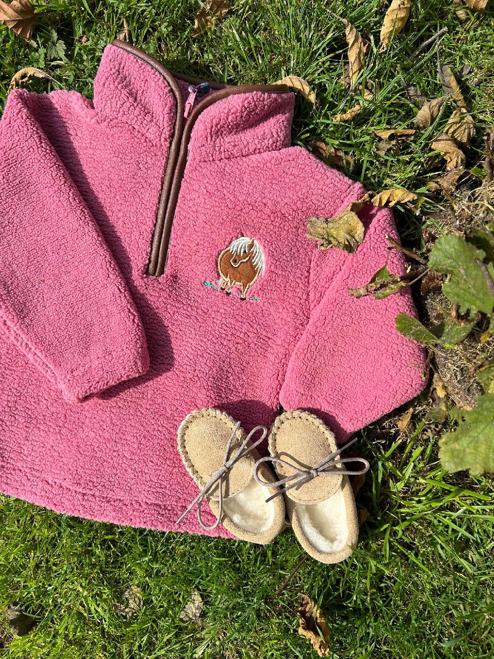 lambland Children’s Quarter Zip Berber Fleece with Pony Embroidery – Pink